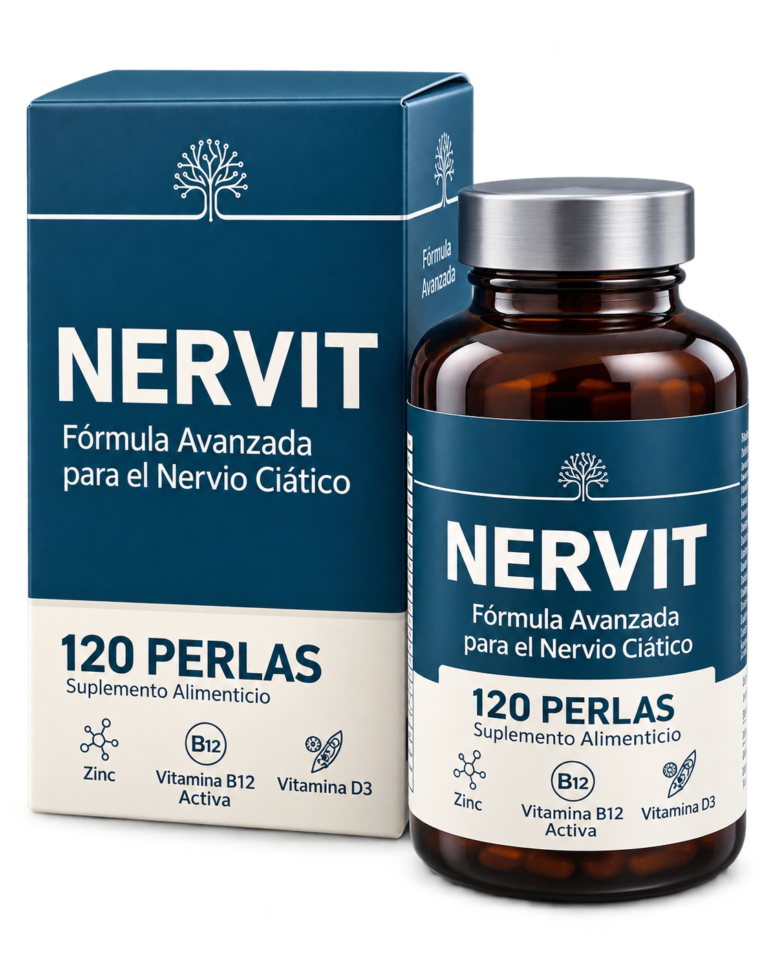 Caja y frasco Nervit de 120 perlas con vitamina B12 activa, vitamina D3 y zinc